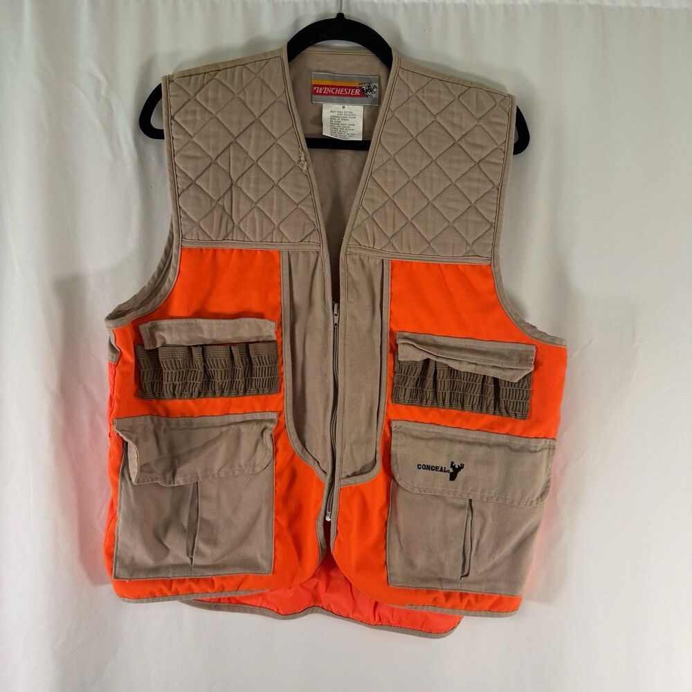 Winchester Shooting Vest Men's Medium Brown Orange Zip Cargo Pockets Conceal